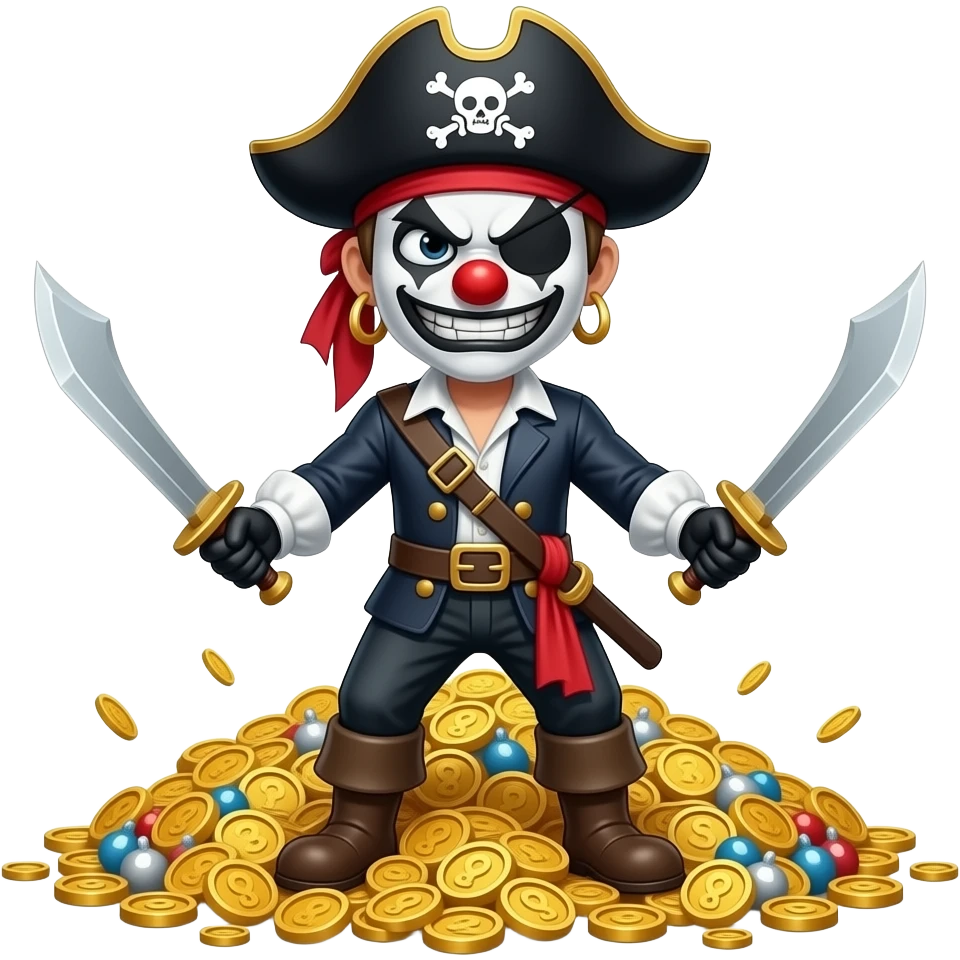Angry Clown Pirate with Black and White Face paint with Dual swords standing on treasure pile emoji