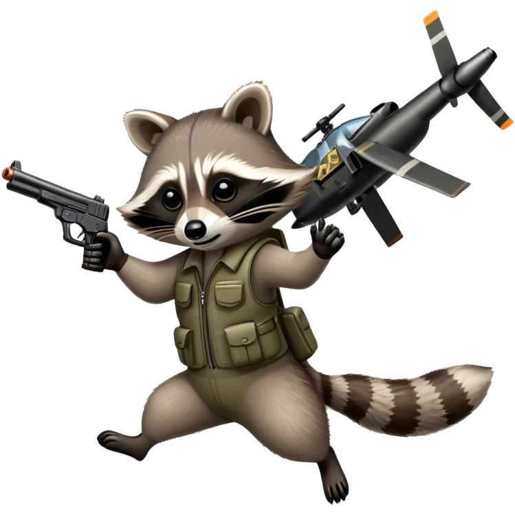 Raccoon flying helicopter, shooting a gun emoji