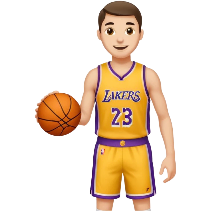 Joven con color de piel claro con uniforme de basquetball laker sosteniendo una pelota de basquet emoji