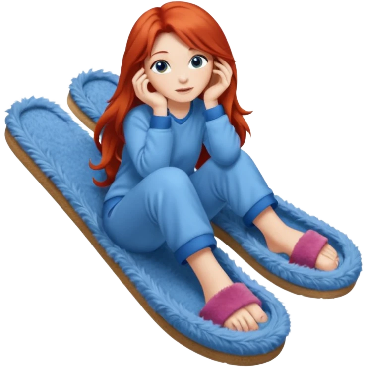 young woman with long red hear wearing comfy lounging outfit, wearing blue fuzzy slippers emoji
