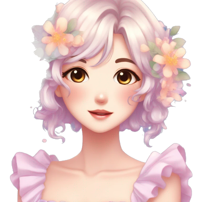 Gorgeous anime style lady blushing face dreamy idol model colorful shiny flowers kawaii pastelcore cottagecore pearly petite simplistic aesthetic trending style emoji