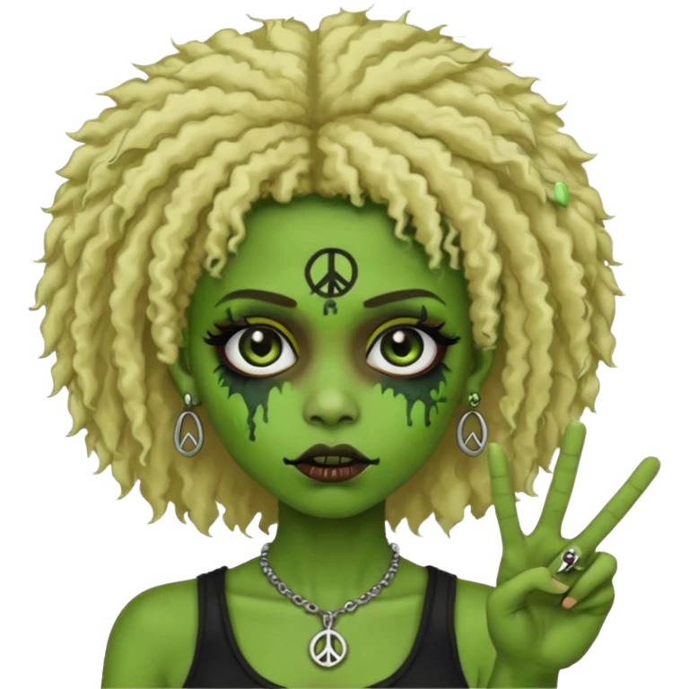 girl, green zombie,blonde afro, medium long, shaggy, dark, spooky,double eyebrow dermal piercing,peace sign emoji