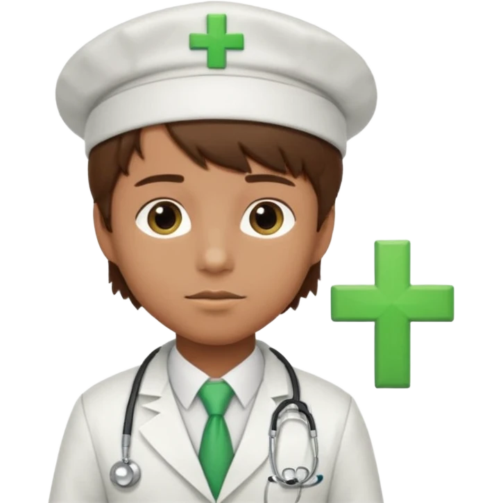 a doctor in white suit with a doctor hat with green cross brown hair boy emoji