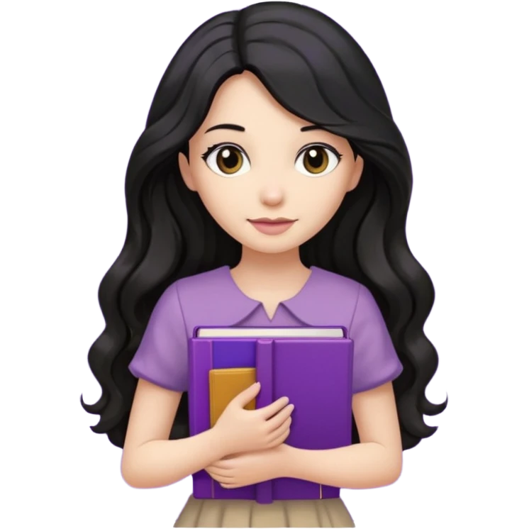 Long Hair Women with purple Book, Black wavy hair, beige dress emoji