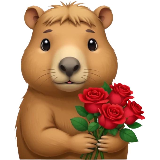 Cute capypara with sad puppy dog eyes holding roses  emoji