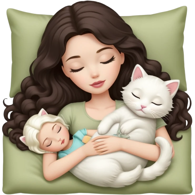White Barbie girl dark brown long wavy hair sleeping with white kitty at pale olive bed emoji