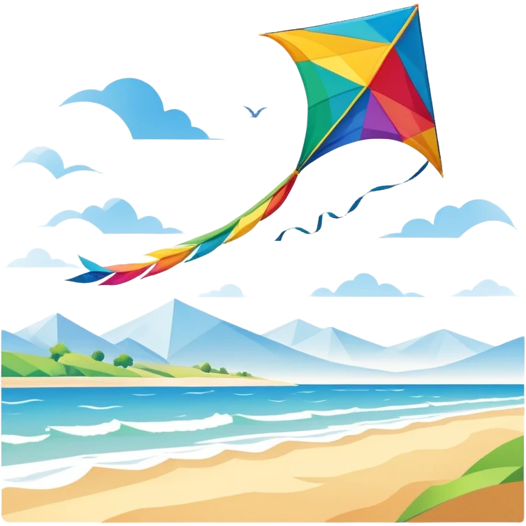 A colorful kite soaring high in the sky on a sunny day, with a long, flowing tail trailing behind. The background features an open field or beach, capturing the joy and freedom of flying kites, with gentle winds and a peaceful atmosphere. emoji
