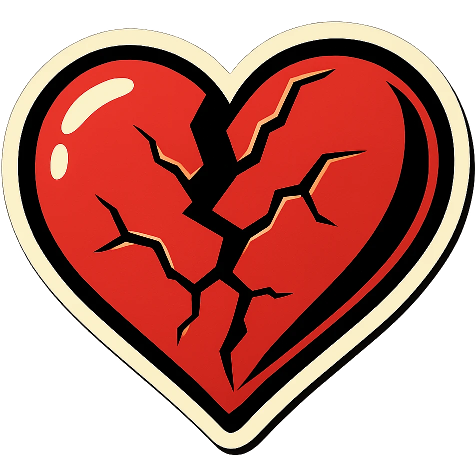 broken heart with very large cracks, clear black outlines, sharp shadows and highlights only, no gradients, retro sticker style emoji