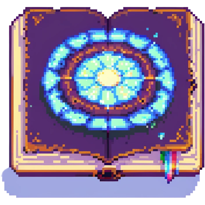 Add a magical glowing aura around the pixel art floating spellbook, keep background transparent. emoji