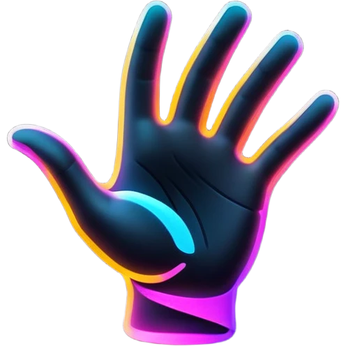 A futuristic abstract logo with curved dynamic lines resembling a subtle hand motion, glowing neon gradients, minimal and modern emoji