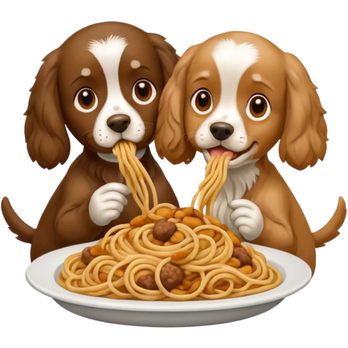 American Cocker Spaniel and Mongrel Eat Spaghetti Between Them, iphone emoji style, reference image: https://attic.sh/7pfc4fbn6y0ij1bao69rntq1w5mv emoji