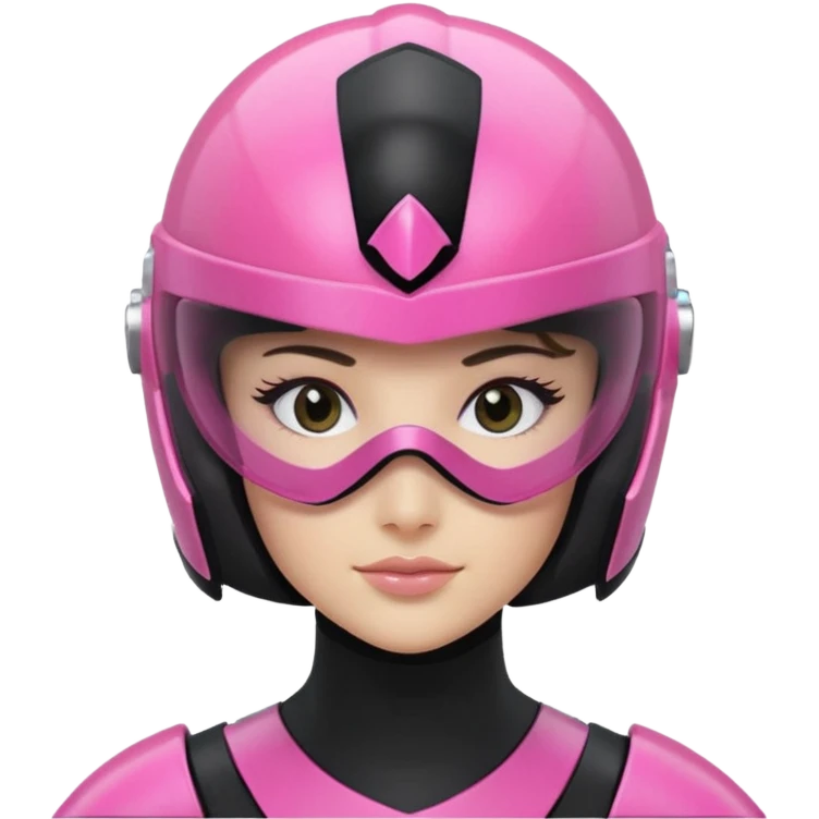pink power ranger, woman emoji, with helmet on, black visor eye protection, black, power ranger helmet, emoji