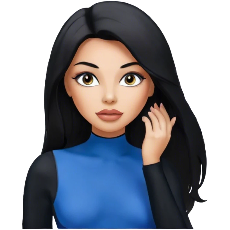 Glamours, tanned, very beautiful girl, with big pump peach-beige-rose lips, eyeliner, long long lashes, black straight smooth silky long hair, straight parting hair, blue-grey eyes, in totally black bodysuit long-sleeves emoji