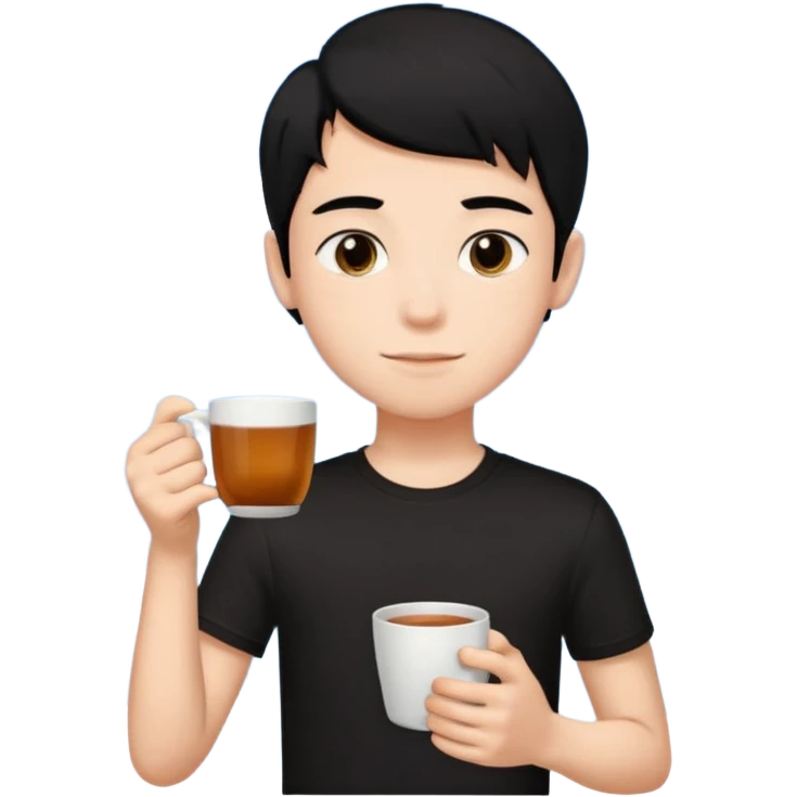 The boy teen have a black hair, and black T-shirt with a cup of tea. Sky blue background  emoji