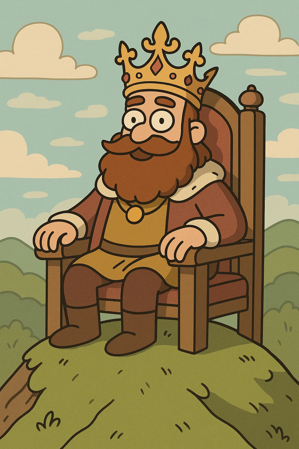 cartoon style, a king with a bushy beard and ornate crown, sitting on a throne at the top of a hill, colorful and playful emoji