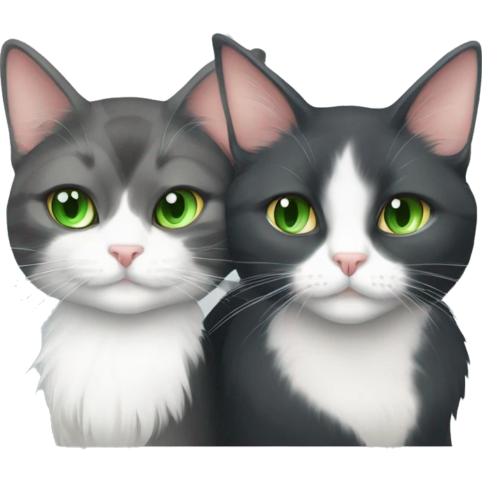 gray and white tuxedo cat with green eyes cuddling with long hair calico cat with green eyes emoji