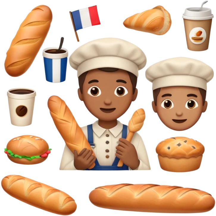 Make emojis of french bakery boy with different emotions and some french items like baguett camera coffee and etc. with PAUL logo emoji