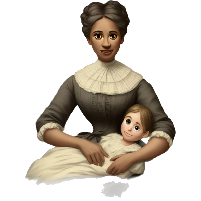 A 19th century woman with a child in her arms. There is a big letter "A" on the dress emoji