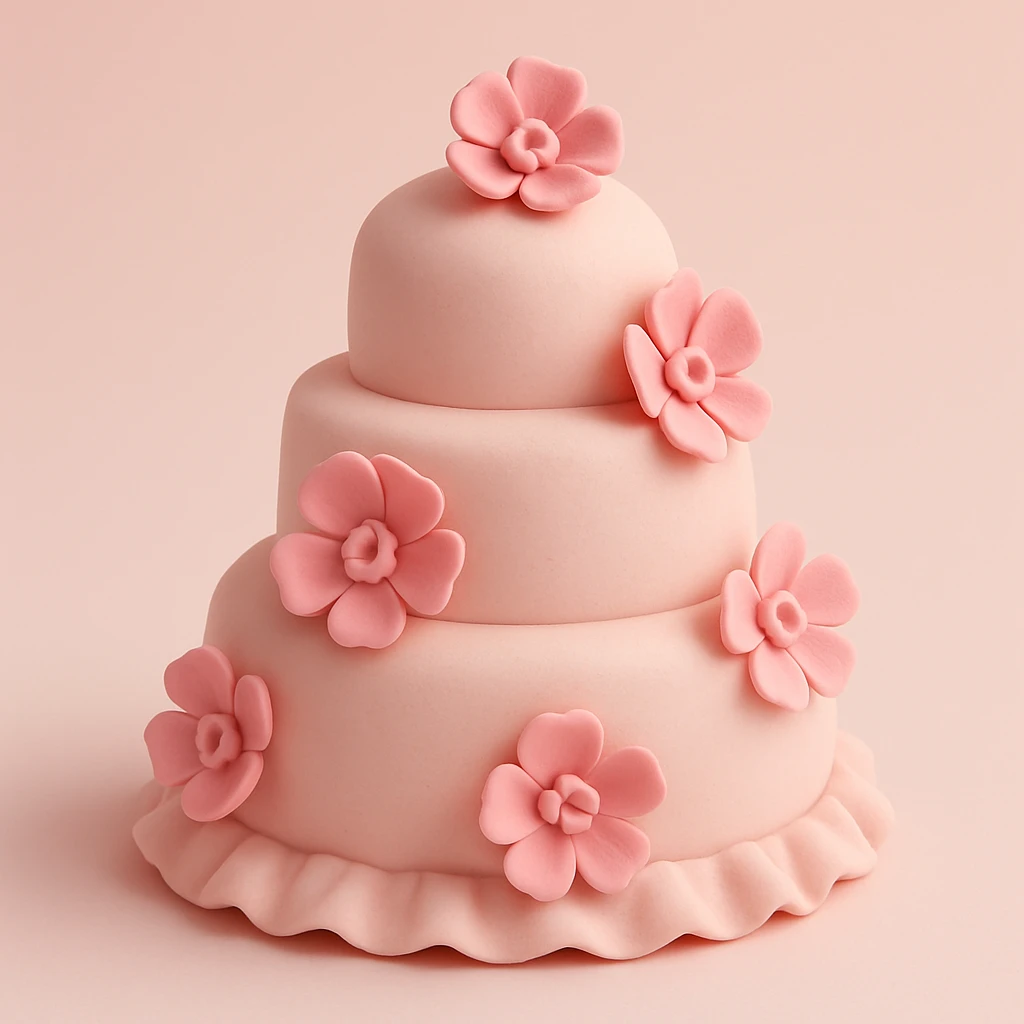 wedding cake with pink fondant flowers and a light pink background emoji