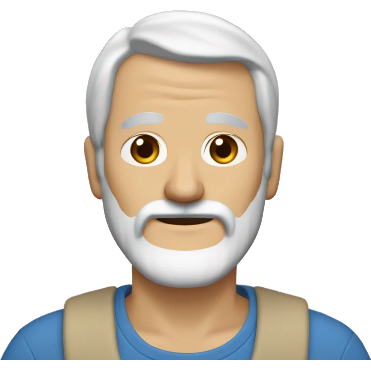 A middle-aged man with a white beard and brown mustache wearing brown sneakers, khakis and a blue shirt with a beige sweater overtop. He has longer brown and white hair that is held back onto his head with a hairband. emoji