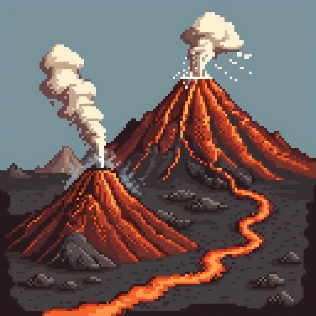 Volcanic landscape with erupting volcano, lava flows, and smoke clouds emoji