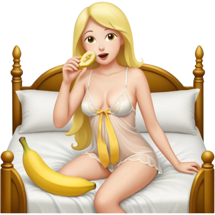 Frau in durchsichtigem Nachthemd leckt an Banane am Stück im bett emoji