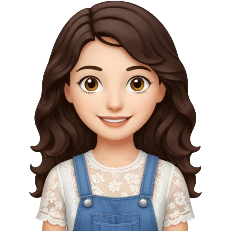 create an emoji of Sophie Sheridan in mamma Mia but with dark brown very long hair with waves and dark brown eyes. she wears a white lacy top and an overall emoji