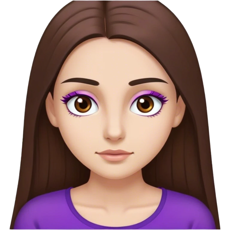 Chica con tez blanca, pelo largo liso marrón, cejas rectas, ojos marrones con largas pestañas y top morado emoji