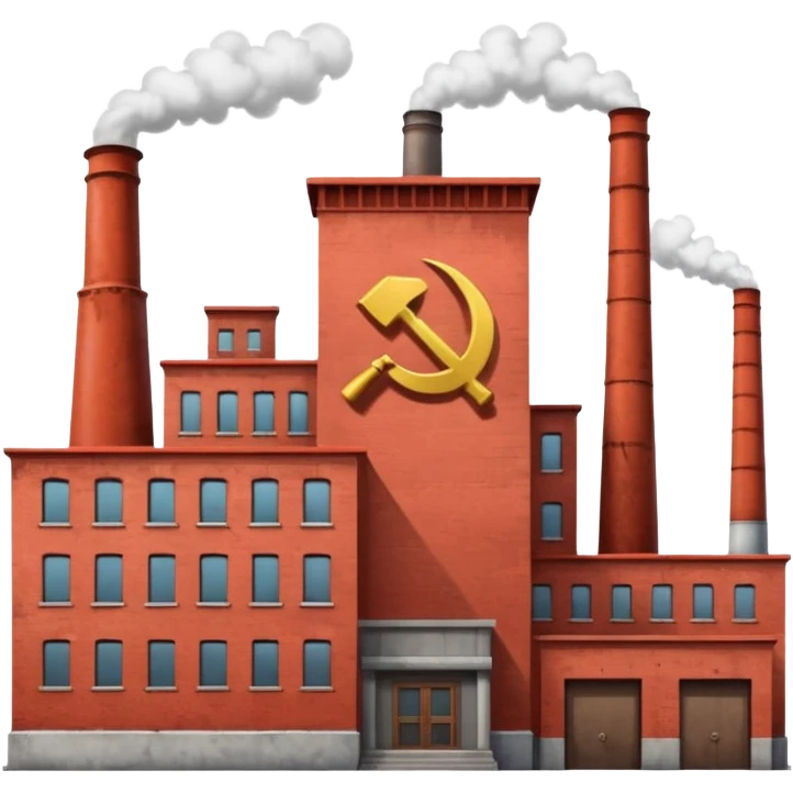 Soviet heavy equipment plant building, factory exterior, hammer and sickle, smokestacks, no people, no machinery outside emoji