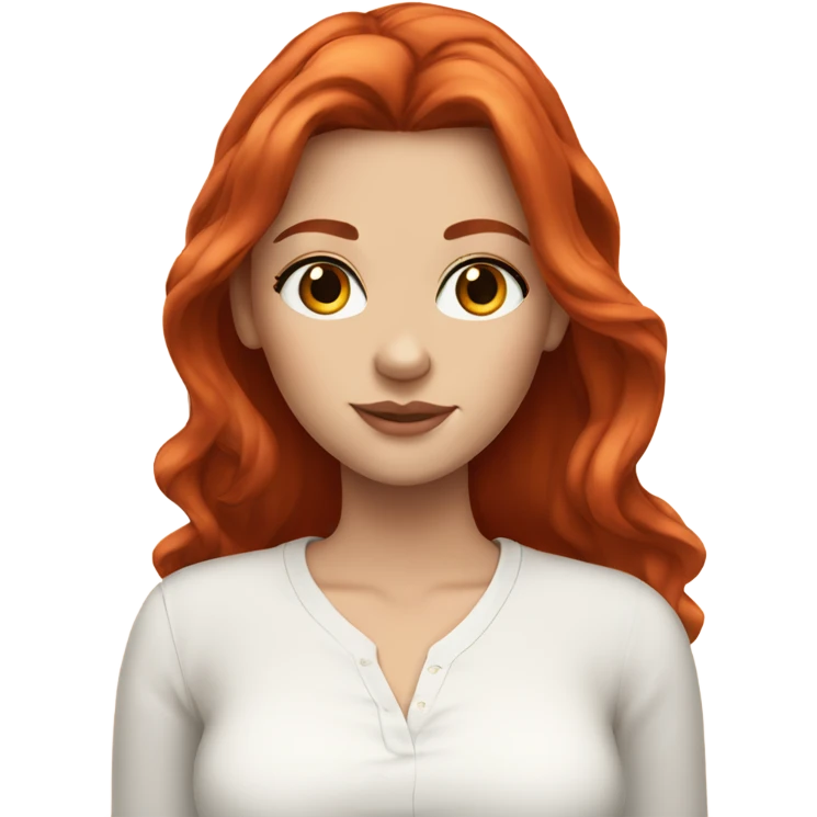 white girl, red hair, long hair, wavy straight hair, white shirt, long lashes emoji