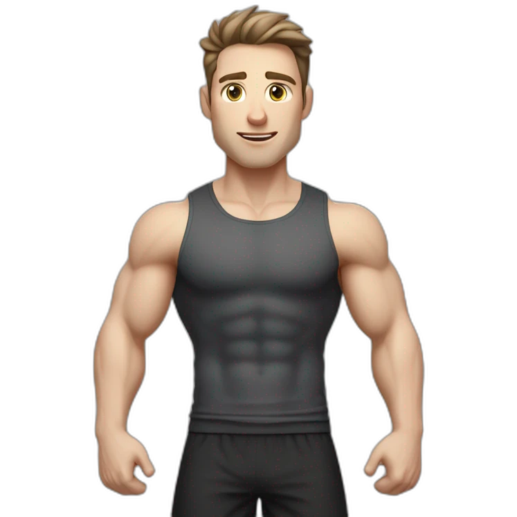 amazed Pale skinned Fit Man With the biceps and dark brown hair in black shirt, gray sports shorts and white Sneakers emoji