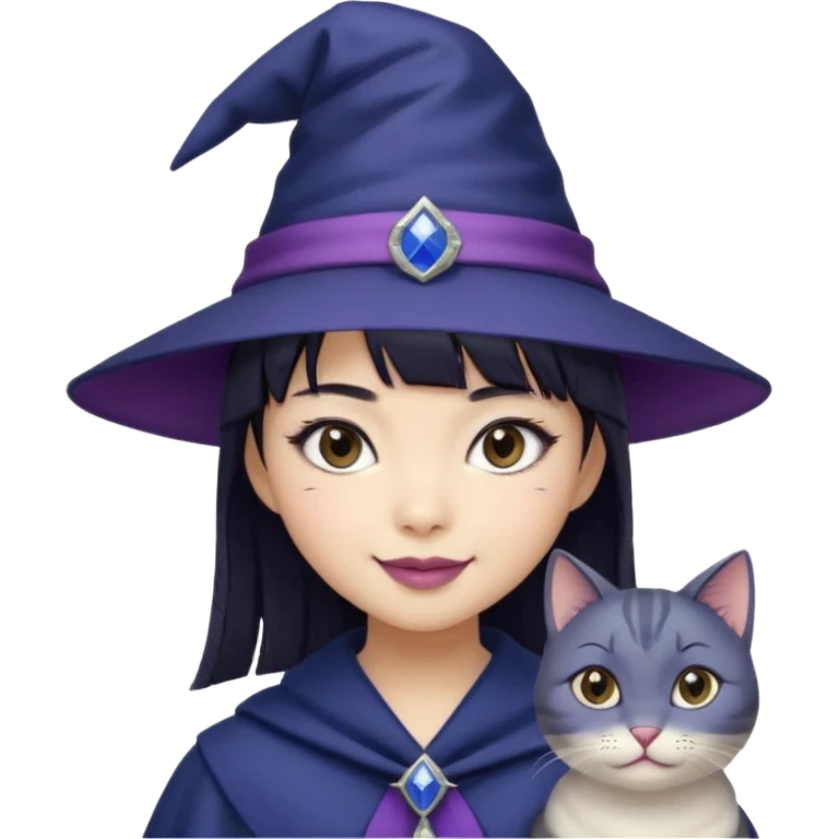 an asian short haired girl with short raven hair with bangs, with her silver left eye and dark brown right eye, with cat-eyed eyeliner, and grinning with her tiny fang of mauve toned lipstick, with dark navy wizard hat with an emblem on her hat. emoji