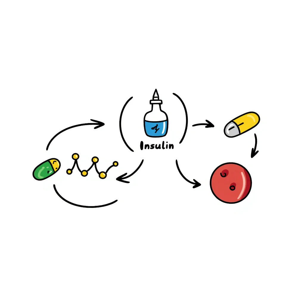 Anti-diabetic visualization with metabolic pathway: colorful flowchart showing blue insulin, green medication pills, yellow glucose molecules, and red blood cells. Hand-drawn educational diagram with arrows showing glucose regulation and insulin sensitivity improvement. emoji