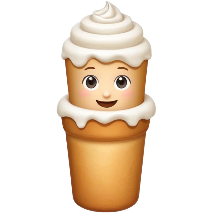 Cute emoji of a Hungarian chimney cake (kürtőskalács), cylindrical pastry, light brown baked dough with sugar coating, topped with white whipped cream, served in a small white paper cup emoji