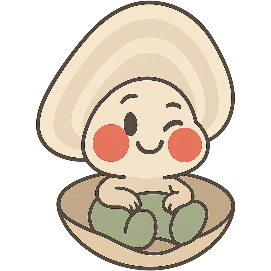 Create a cute oyster with a winking expression and very red cheeks, inspired by the reference image. Use pastel toon style with cream and greige colors. The background should be transparent. emoji