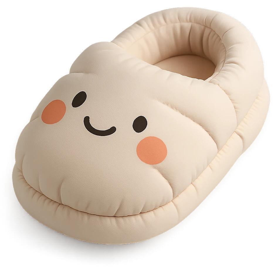 single fluffy slipper with a cute face, cushion style emoji