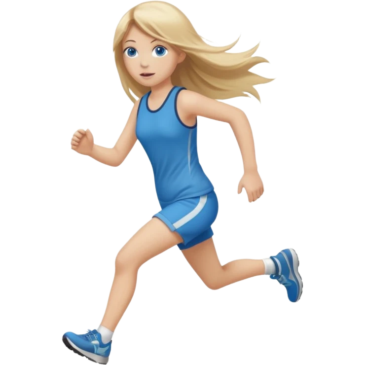 full length of a young woman with long straight dirty blonde hair, side bangs, and blue eyes. She is running after a 1 year old baby girl emoji
