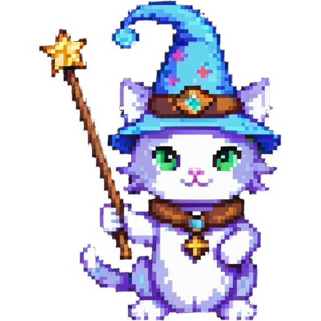 wizard cat with a pointy hat and magic wand emoji