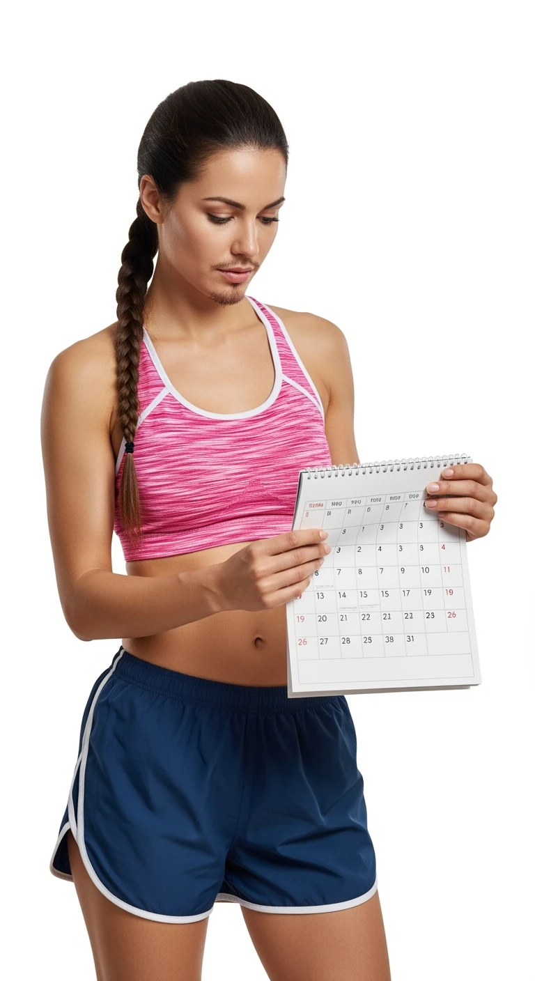 DONNA FITNESS ITALIANA INDECISA CON UN CALENDARIO IN MANO, REALISTICA 4K, ISOLATA SU SFONDO BIANCO emoji