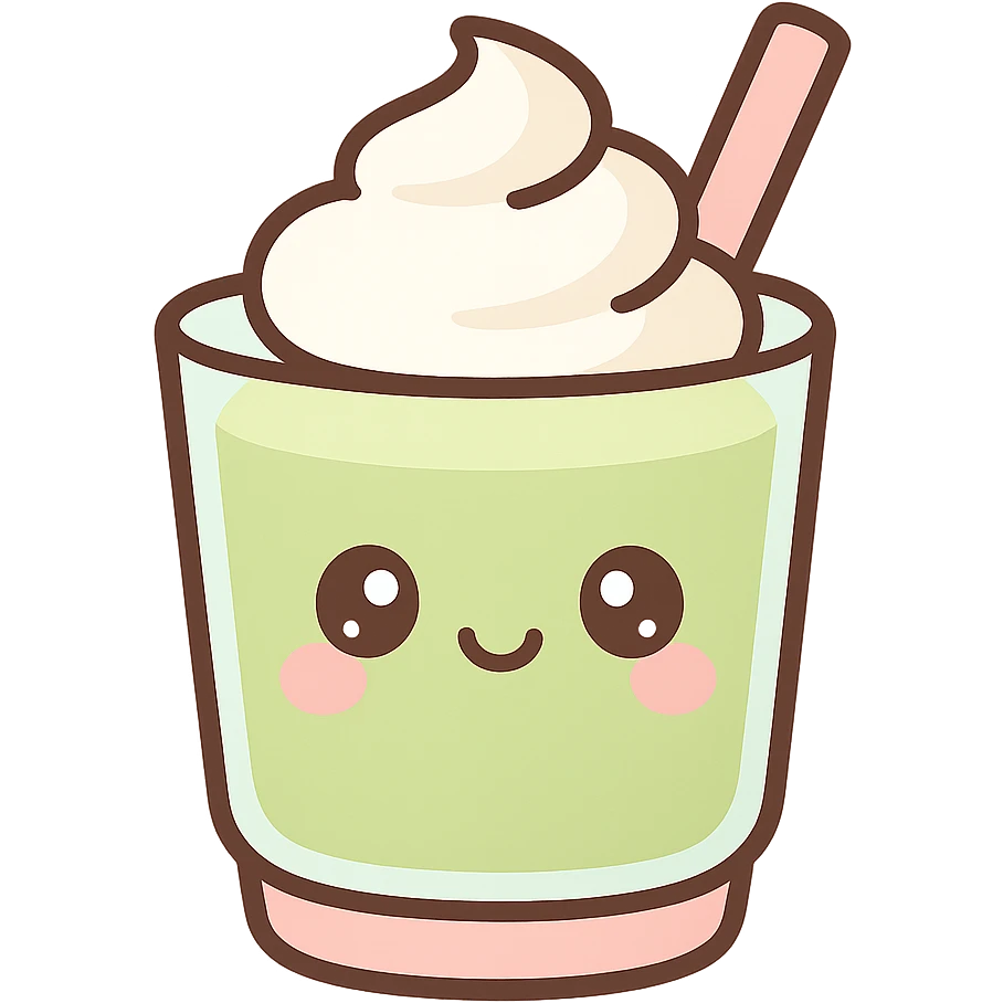 a kawaii matcha latte with a smiling face and whipped cream, cute and charming style emoji