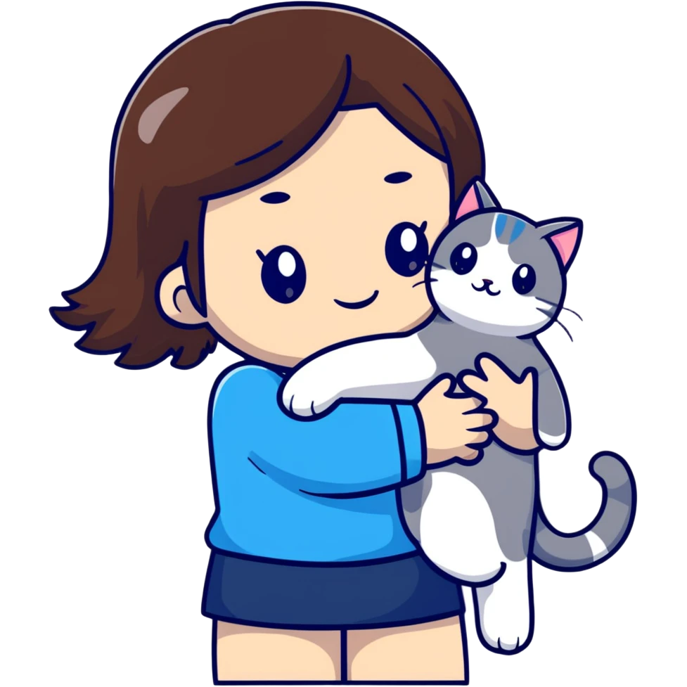 brown-haired Asian girl hugging her blue and white Manchikon cat, both cheerful emoji