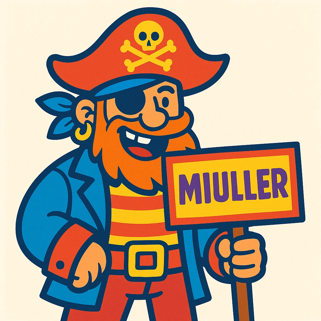 a cartoonish pirate holding a sign that says MIULLER, vibrant cartoon style, bright colors, light background emoji