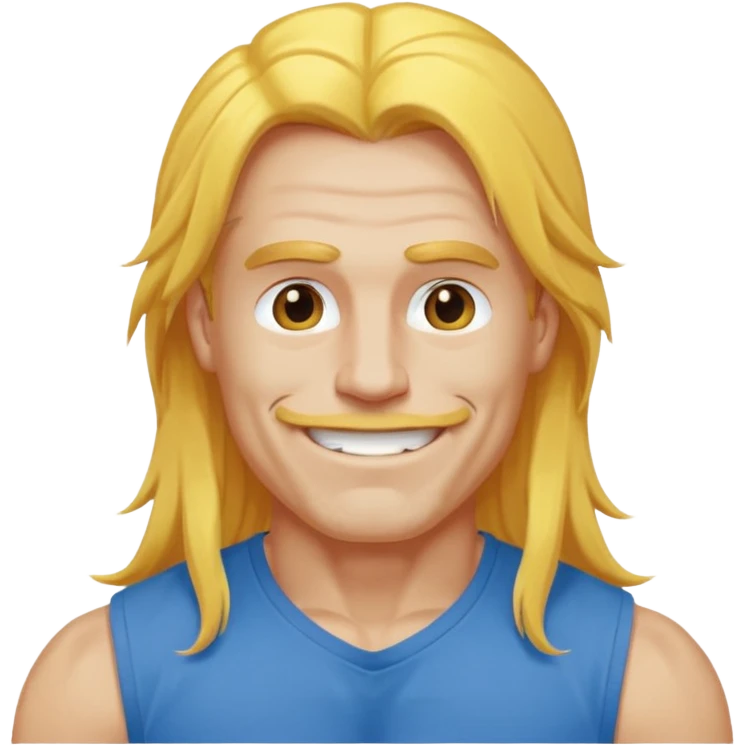 muscled happy guy, long yellow hair, blue t-shirt emoji