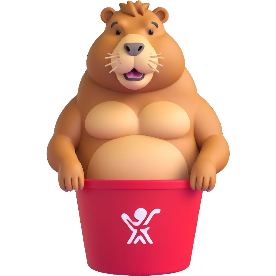 Muscular capybara with bulging muscles sitting in a KFC bucket emoji