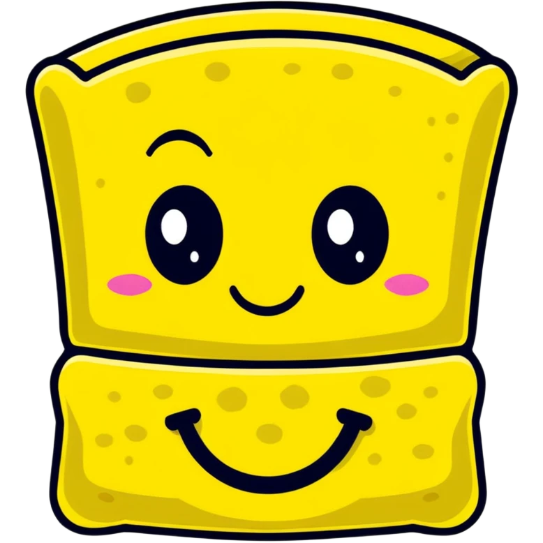 A cheerful yellow kitchen sponge with a cute smiling face and eyes emoji