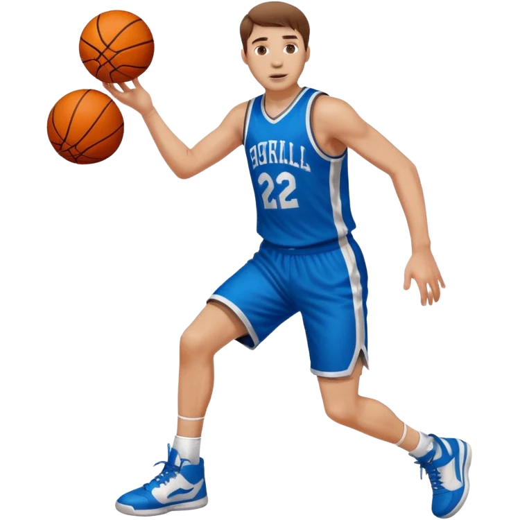 A white man with brown hair with a basketball, doing a layup emoji