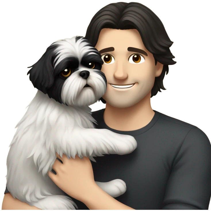 White Man with dark hair hugging black shih tzu  emoji
