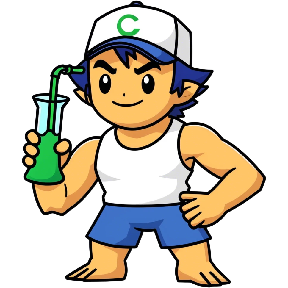 Hot handsome muscular 6ft 5inch tall smiling happy fun shirtless Ash Ketchum a friend taking a rip from a beaker style bong emoji