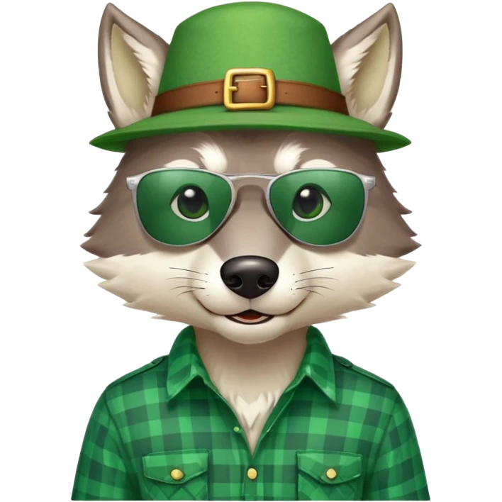 head and shoulders friendly anthropomorphised wolf in green plaid shirt and green attire for St. Patrick's Day, wearing dark sunglasses, festive pose emoji