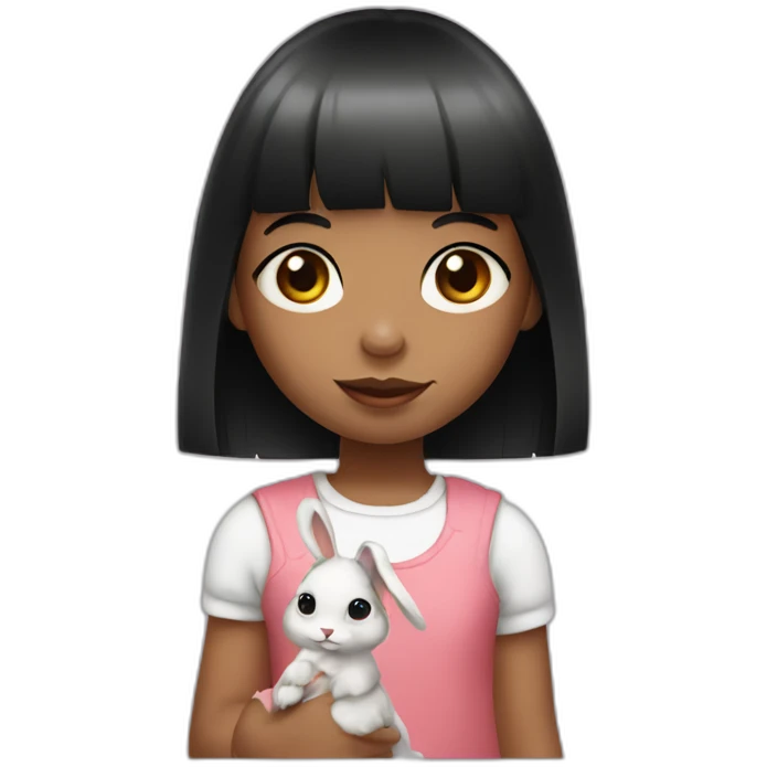 Little girl with black bangs holding rabbit emoji